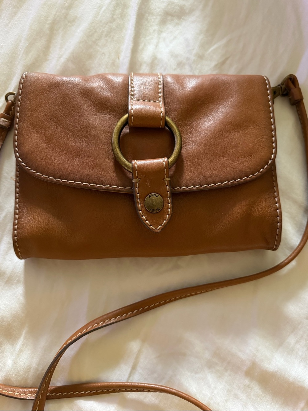 Frye Tan Leather Crossbody with Brass Ring Accent